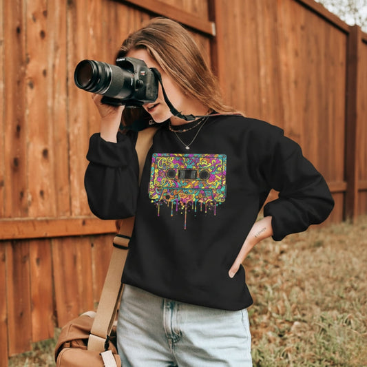 Person wearing a black sweatshirt with a colorful graphic design, holding a camera against a wooden fence background.
