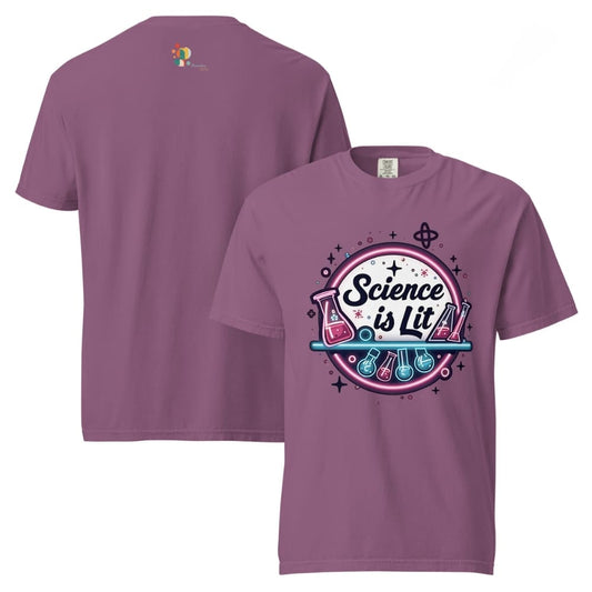 Purple t-shirt with 'Science is Lit' design on a white background