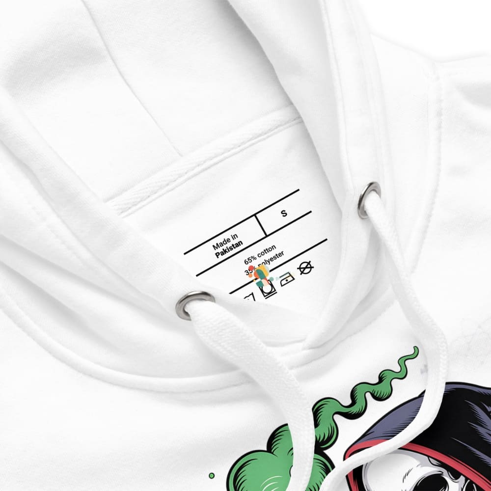 Close-up of a white hoodie with a brand logo on a white background