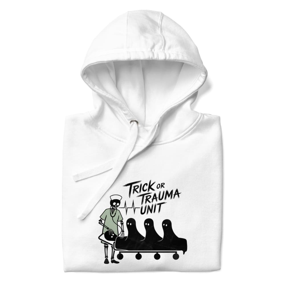White hoodie with 'Trick or Trauma Unit' graphic design on a white background