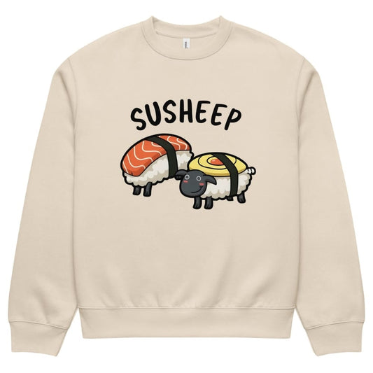 Beige sweatshirt with cartoon sheep and sushi design on a white background