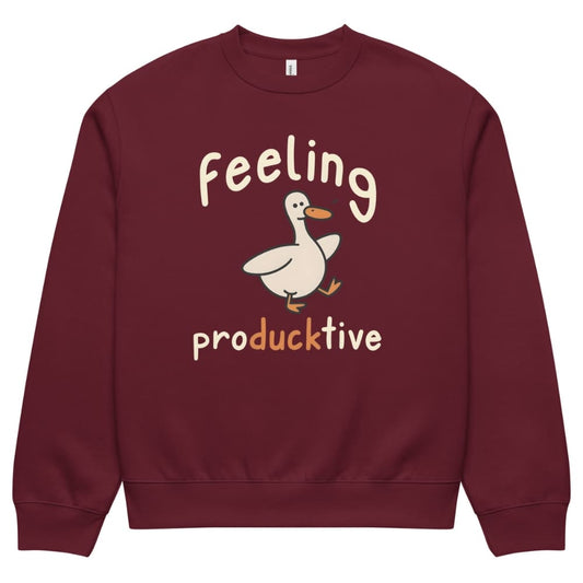 Maroon sweatshirt with a cartoon duck and text 'Feeling producktive' on a white background