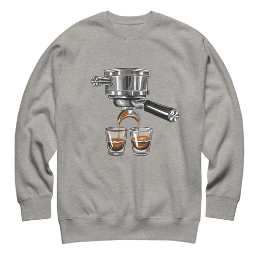 Gray sweatshirt with a coffee-themed graphic on a white background