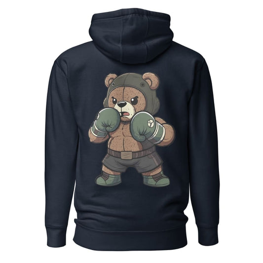Navy blue hoodie with a bear character wearing boxing gloves on the back, on a white background