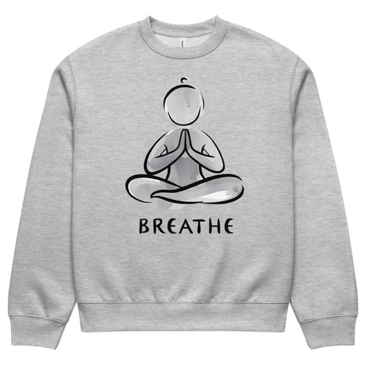 Gray sweatshirt with a yoga pose graphic and 'BREATHE' text on a white background