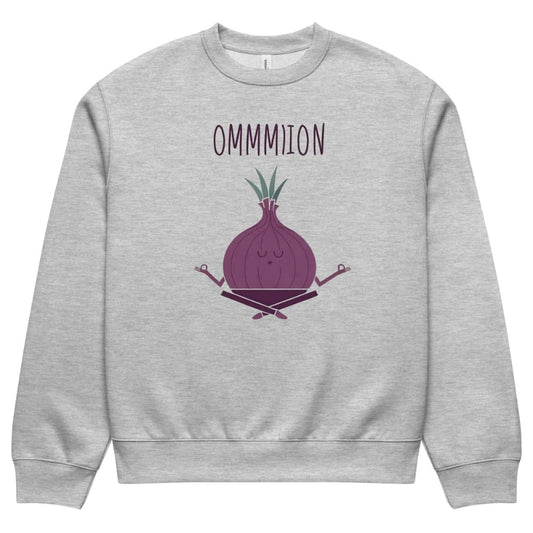 Gray sweatshirt with a purple graphic of an onion and the text 'OMMMION' on a white background
