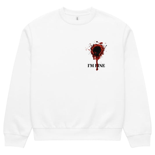 White sweatshirt with a red and black design and 'I'm Fine' text on a white background