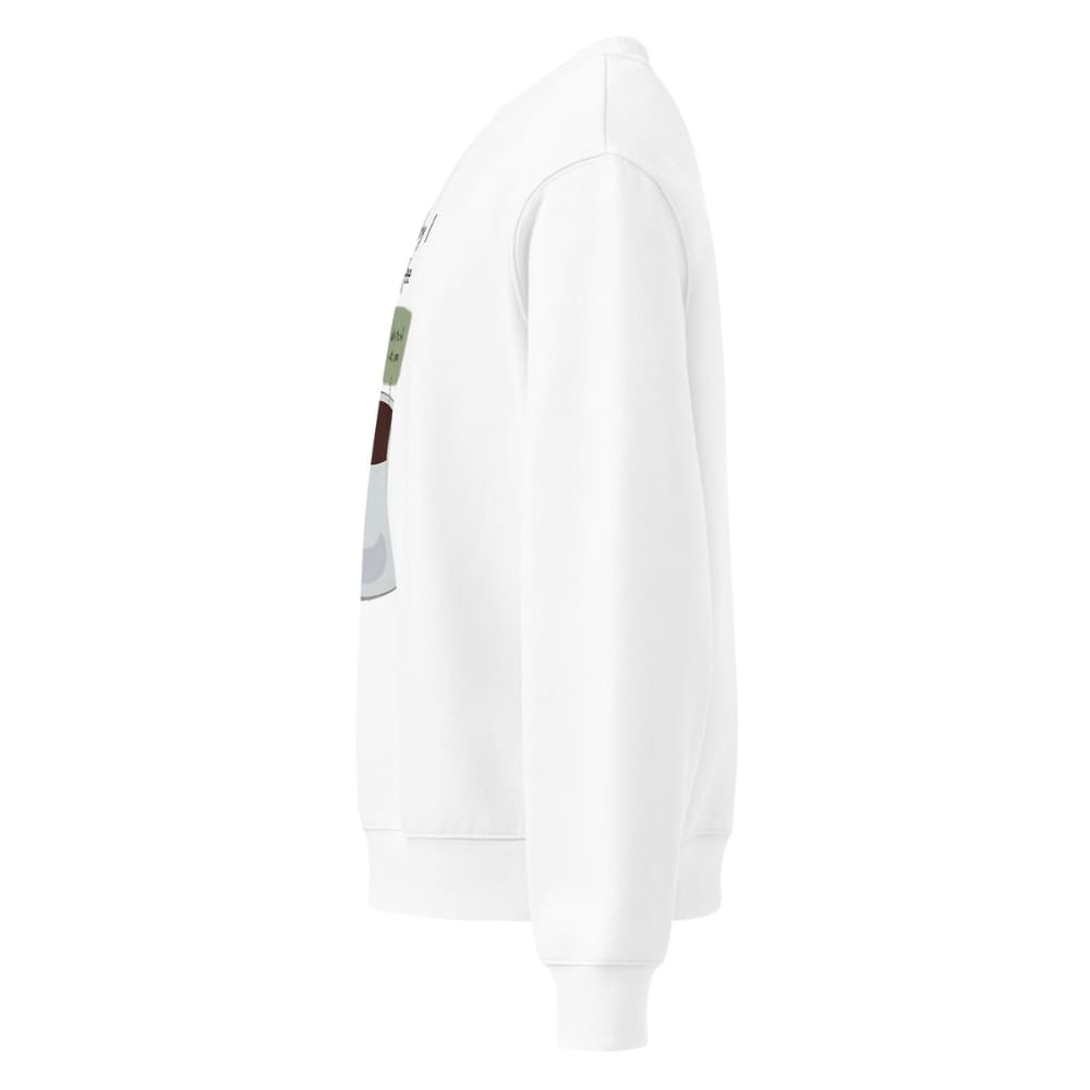 White hoodie with a small graphic on the sleeve against a white background