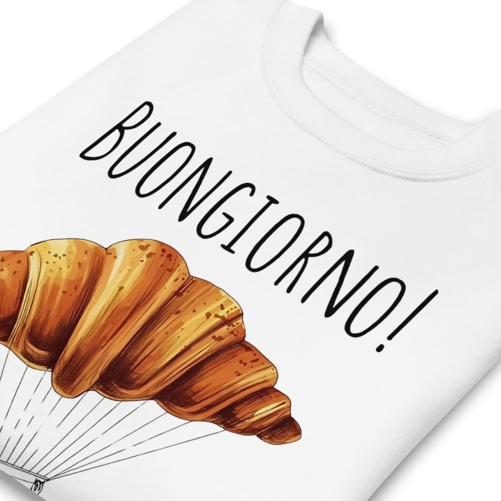 White t-shirt with a croissant illustration and 'BUONGIORNO!' text on a white background