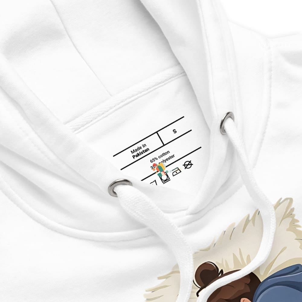 Close-up of a white sweatshirt with a label on a white background