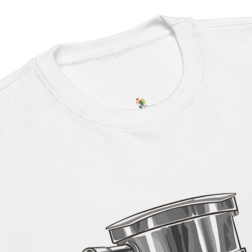 White t-shirt with a small colorful logo on the collar and a metallic cup graphic at the bottom.