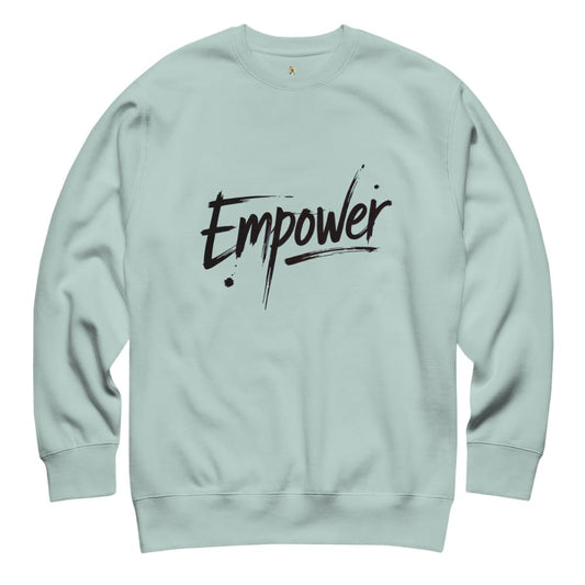 Light blue sweatshirt with 'Empower' text on a white background