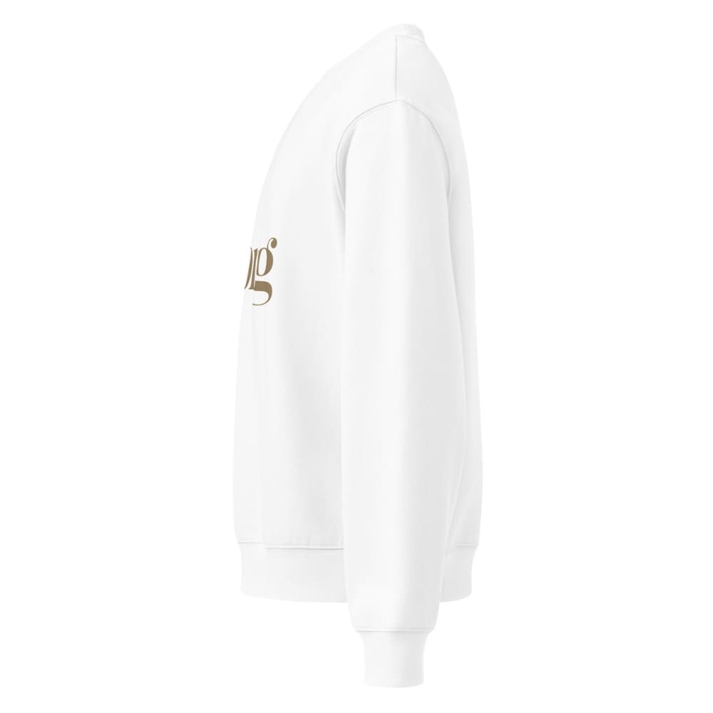 White hoodie with a gold logo on a white background
