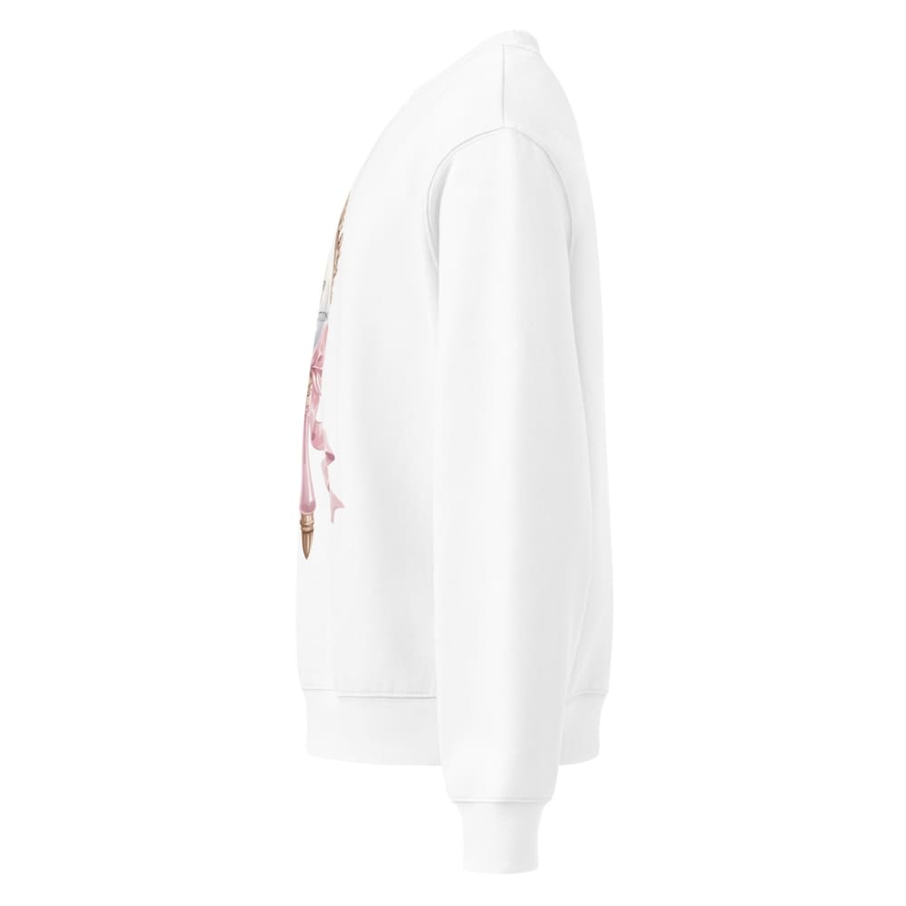 White hoodie with floral pattern on sleeve against a white background