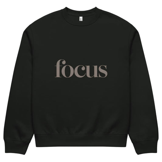 Black sweatshirt with 'focus' text on a white background