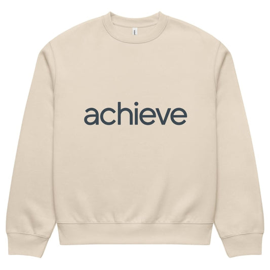 Beige sweatshirt with 'achieve' text on a white background