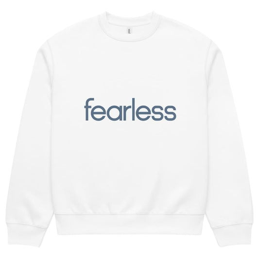 White sweatshirt with 'fearless' text on a white background