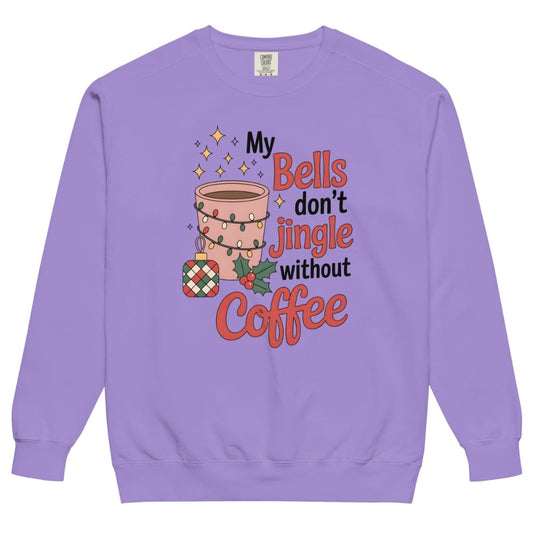 Purple sweatshirt with a festive coffee cup graphic and text on a white background