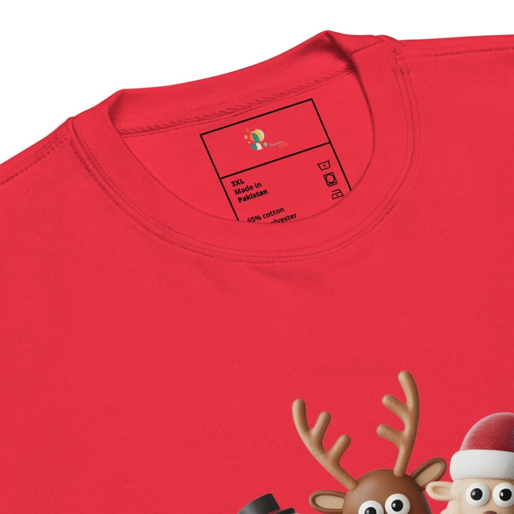 Red t-shirt with a reindeer and Santa Claus design on a white background