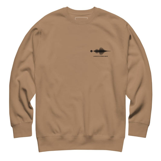 Brown sweatshirt with a black graphic on the chest against a white background