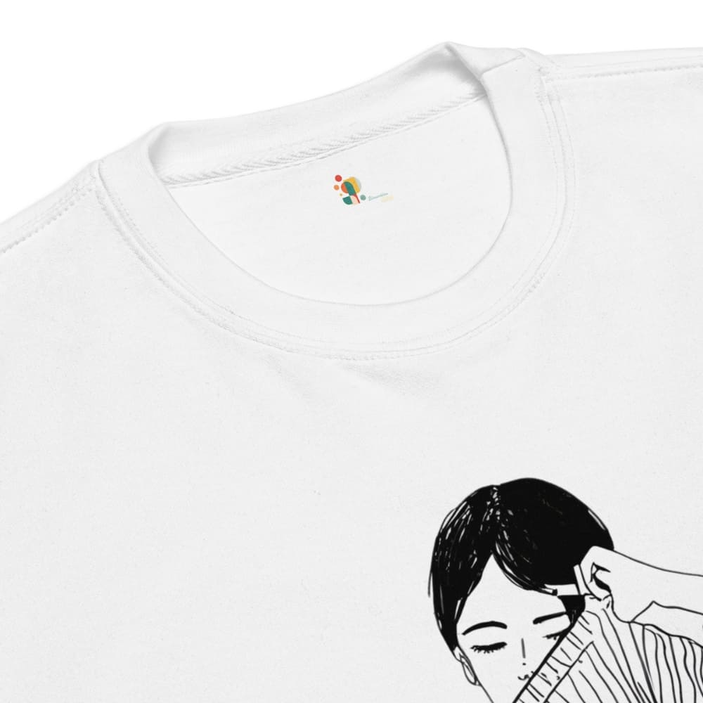 White t-shirt with black and white illustration of a woman on the collarbone area.