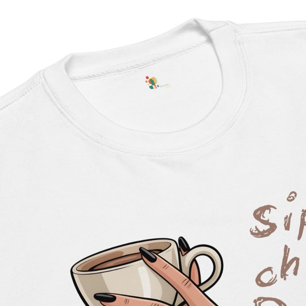 White t-shirt with a graphic of a hand holding a coffee cup and text on a white background