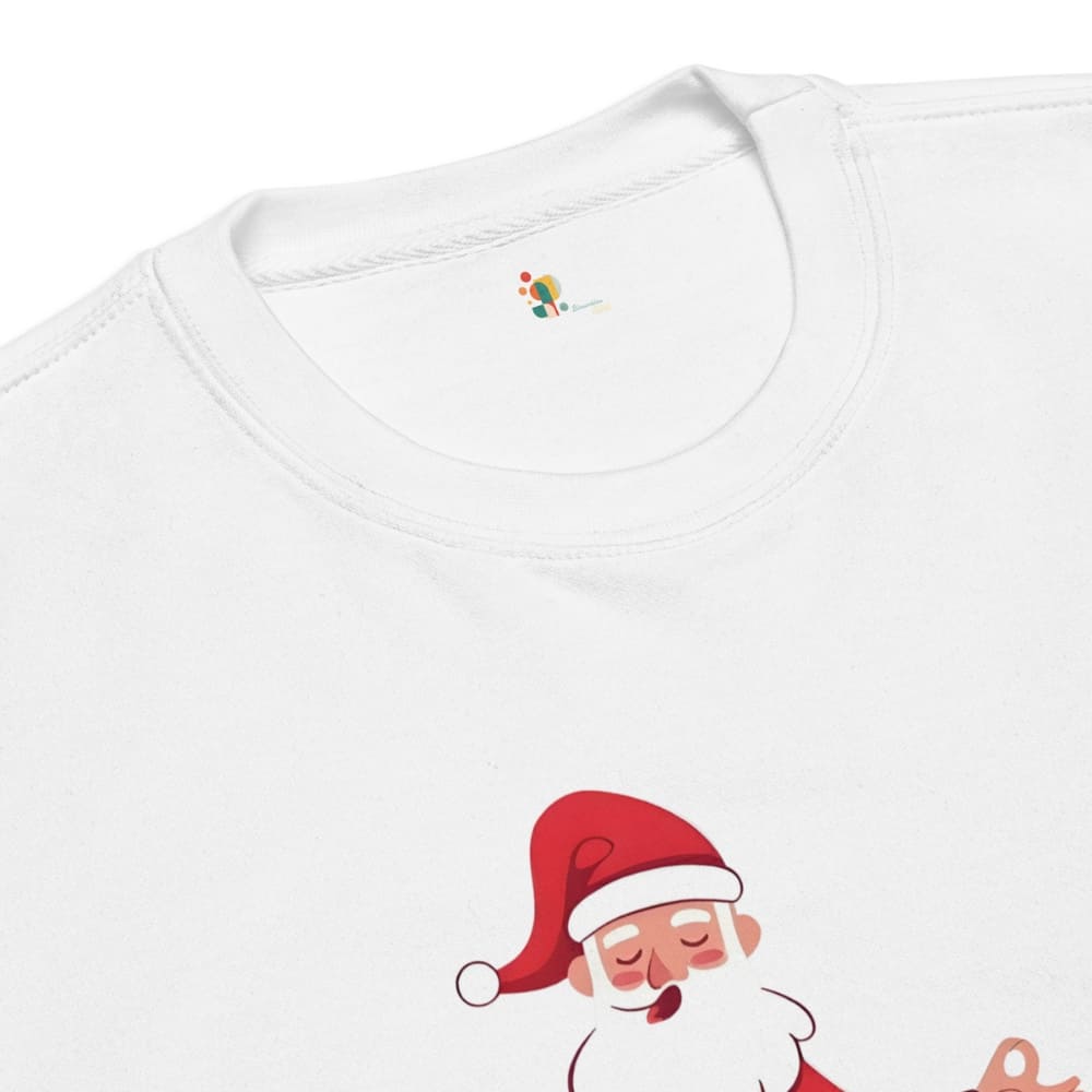 White shirt with a cartoon Santa Claus design on a white background