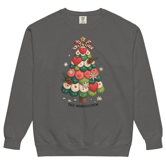 Gray sweatshirt with a Christmas tree design on a white background