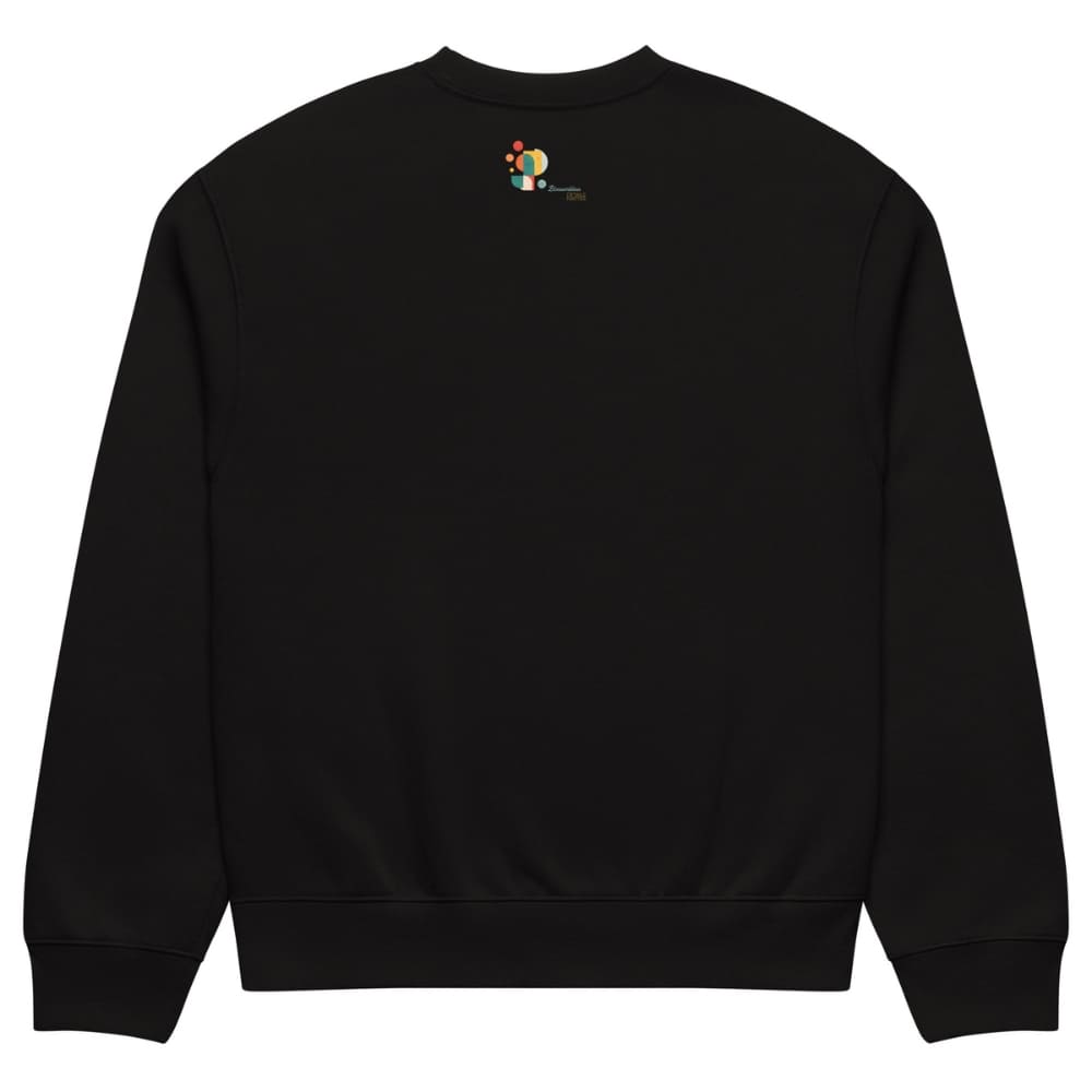 Black sweatshirt with a colorful logo on the chest against a white background