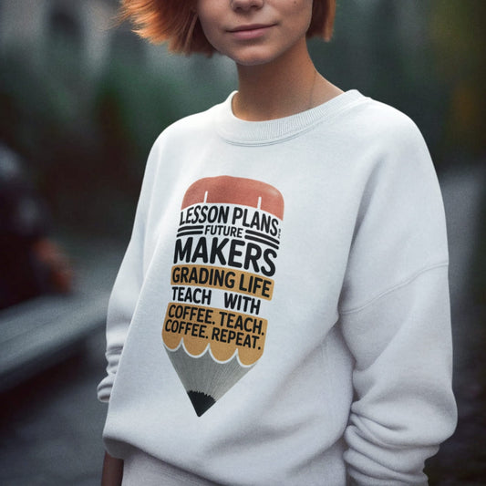 Person wearing a sweatshirt with a graphic and text