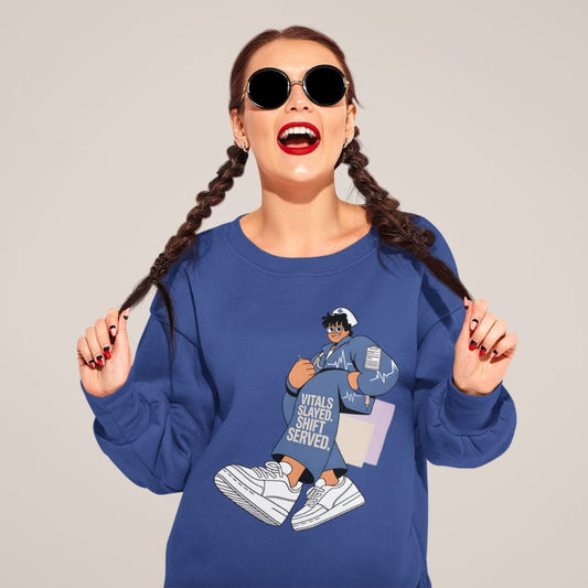 Woman wearing a blue sweatshirt with a graphic design on a plain background