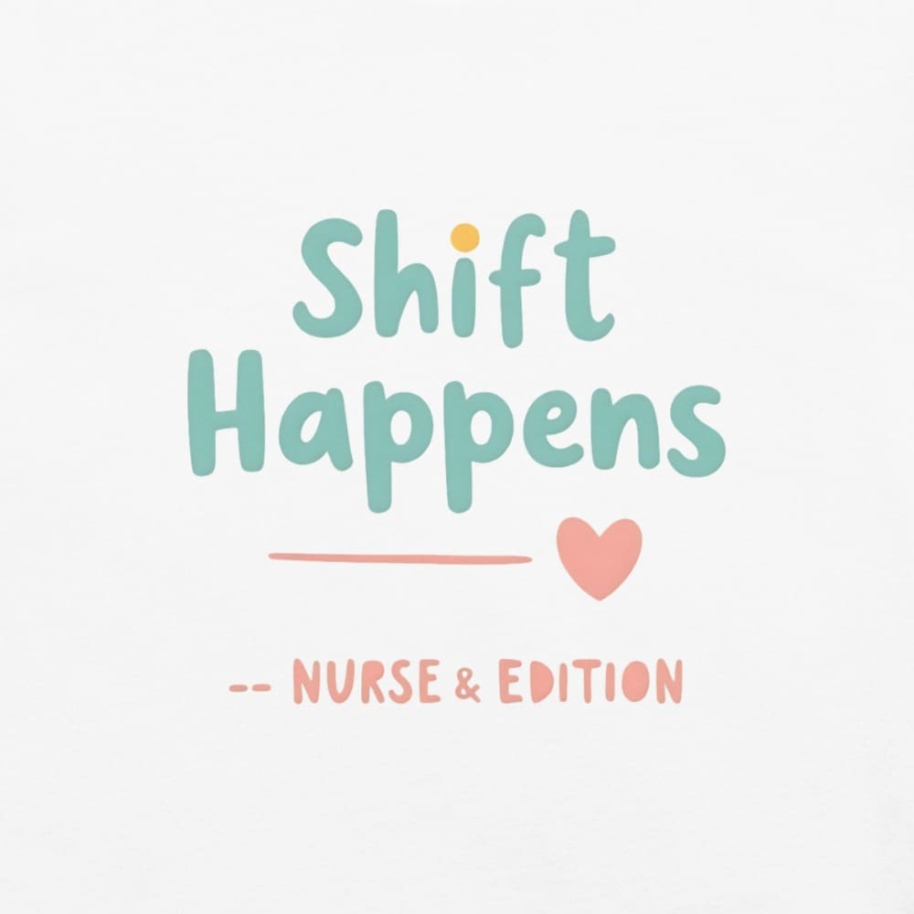 “Shift Happens – Nurse Edition” pastel text design printed on a thick garment-dyed cotton t-shirt, perfect for nurses and healthcare professionals with a sense of humor.