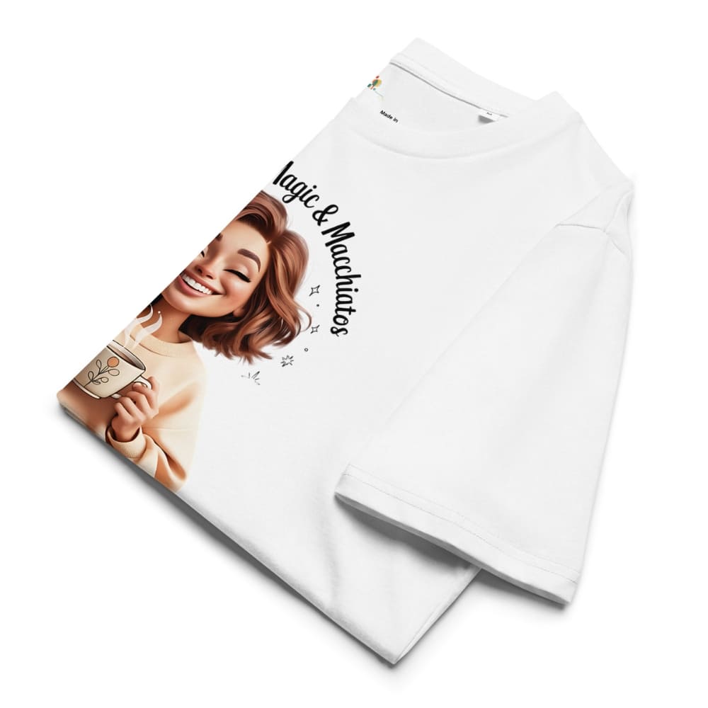 White pants with a printed design of a woman holding a coffee mug and text on a white background
