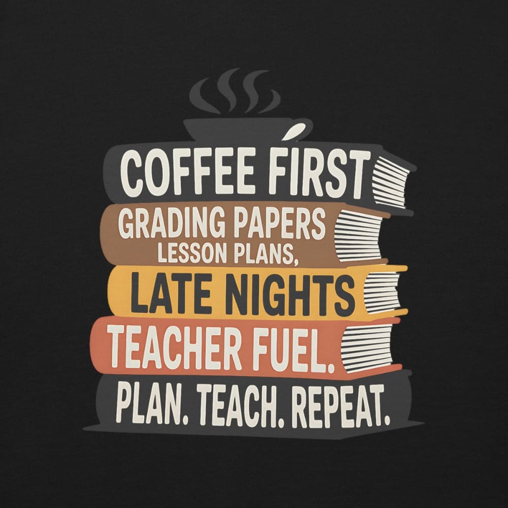 Stack of books with coffee cup and text on a black background