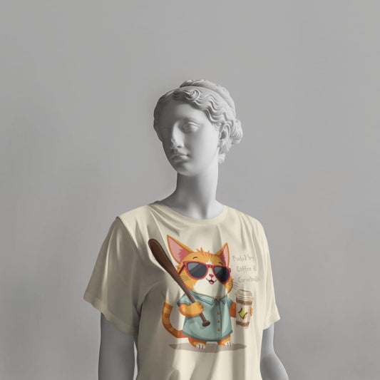 Cool cat with sunglasses holding a softball bat and coffee cup, beside text “Fueled by Coffee & Curveballs” – printed on soft heavyweight t-shirt for sporty moms