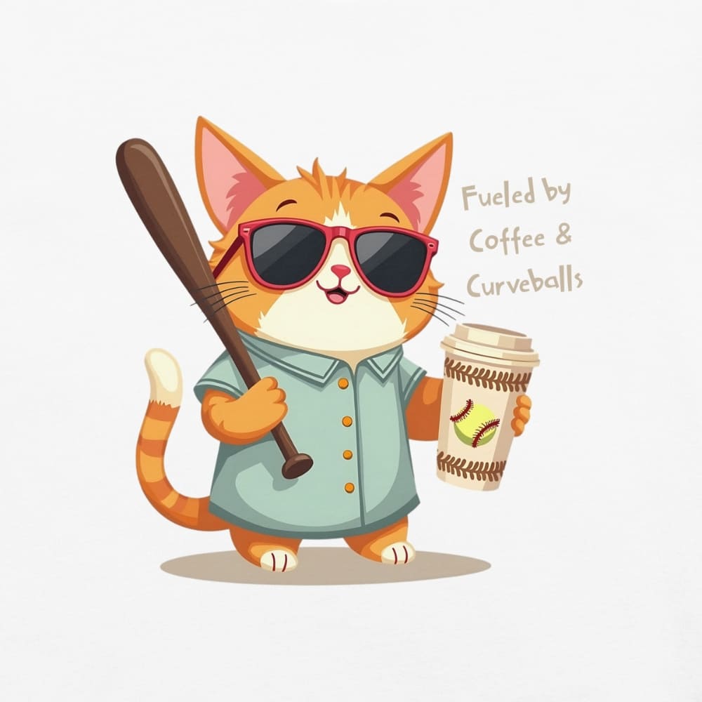 Cool cat with sunglasses holding a softball bat and coffee cup, beside text “Fueled by Coffee & Curveballs” – printed on soft heavyweight t-shirt for sporty moms