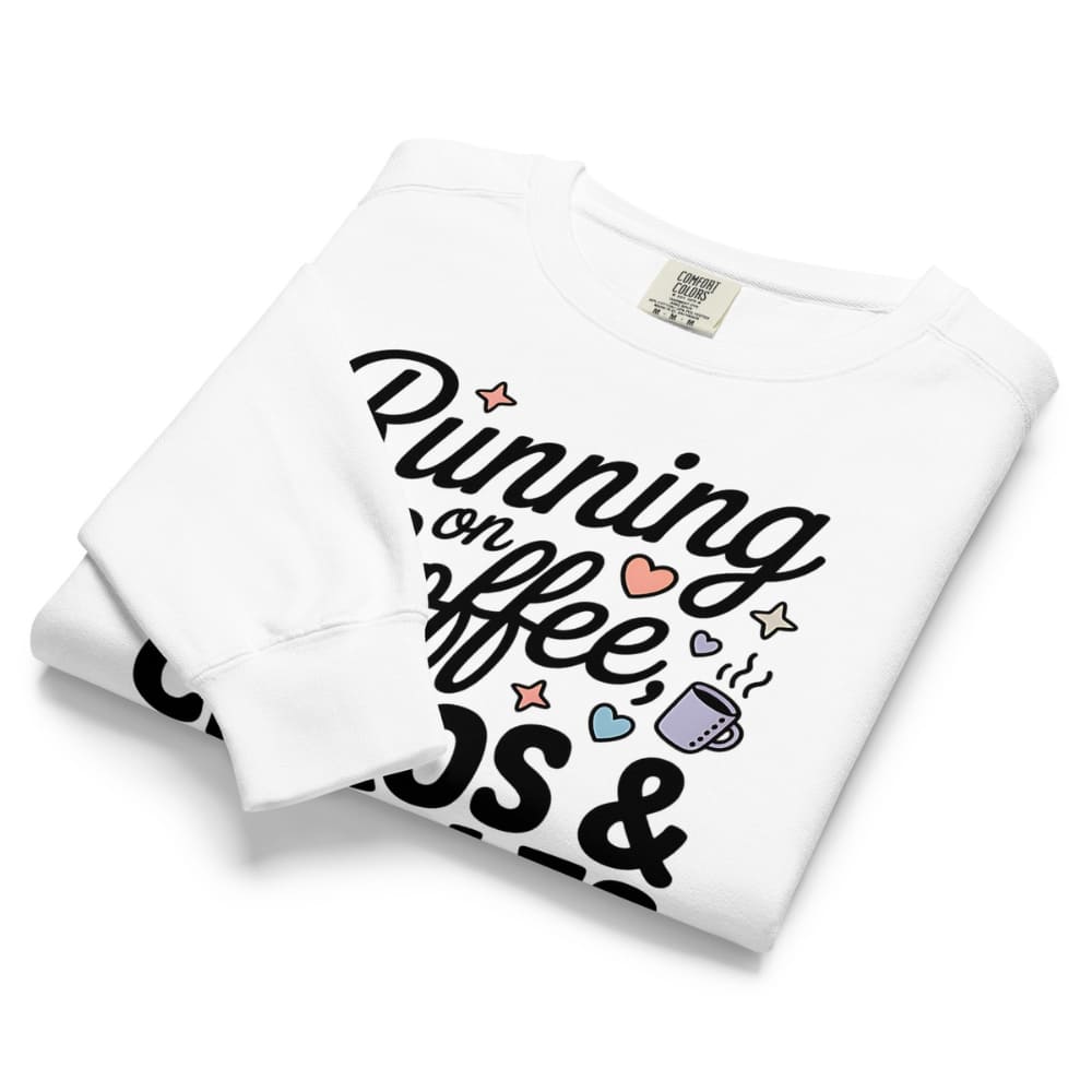 White sweatshirt with 'Running on coffee, dogs &' text and graphics on a white background