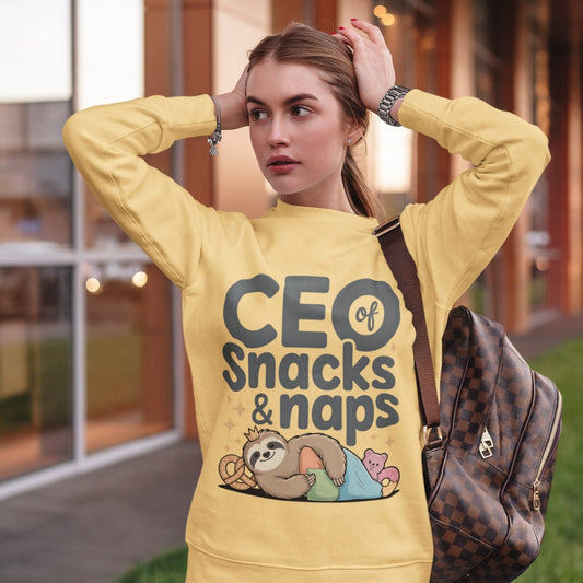 "CEO of Snacks & Naps" printed sweatshirt featuring a sloth in a crown surrounded by pretzels and plushies on vintage-washed cotton fleece