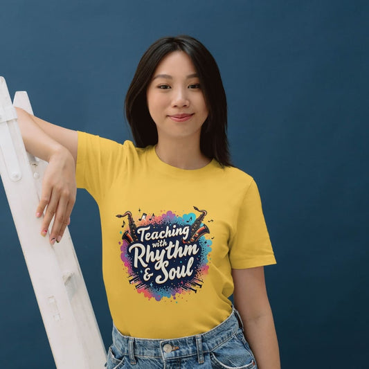 Teaching with Rhythm and Soul – Music Teacher Gift Shirt – Jazz Saxophone & Piano Design – Colorful Educator Appreciation Tee