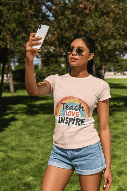 Teach Love Inspire Rainbow T-Shirt – Organic Cotton Eco-Friendly Tee for Teachers & Educators