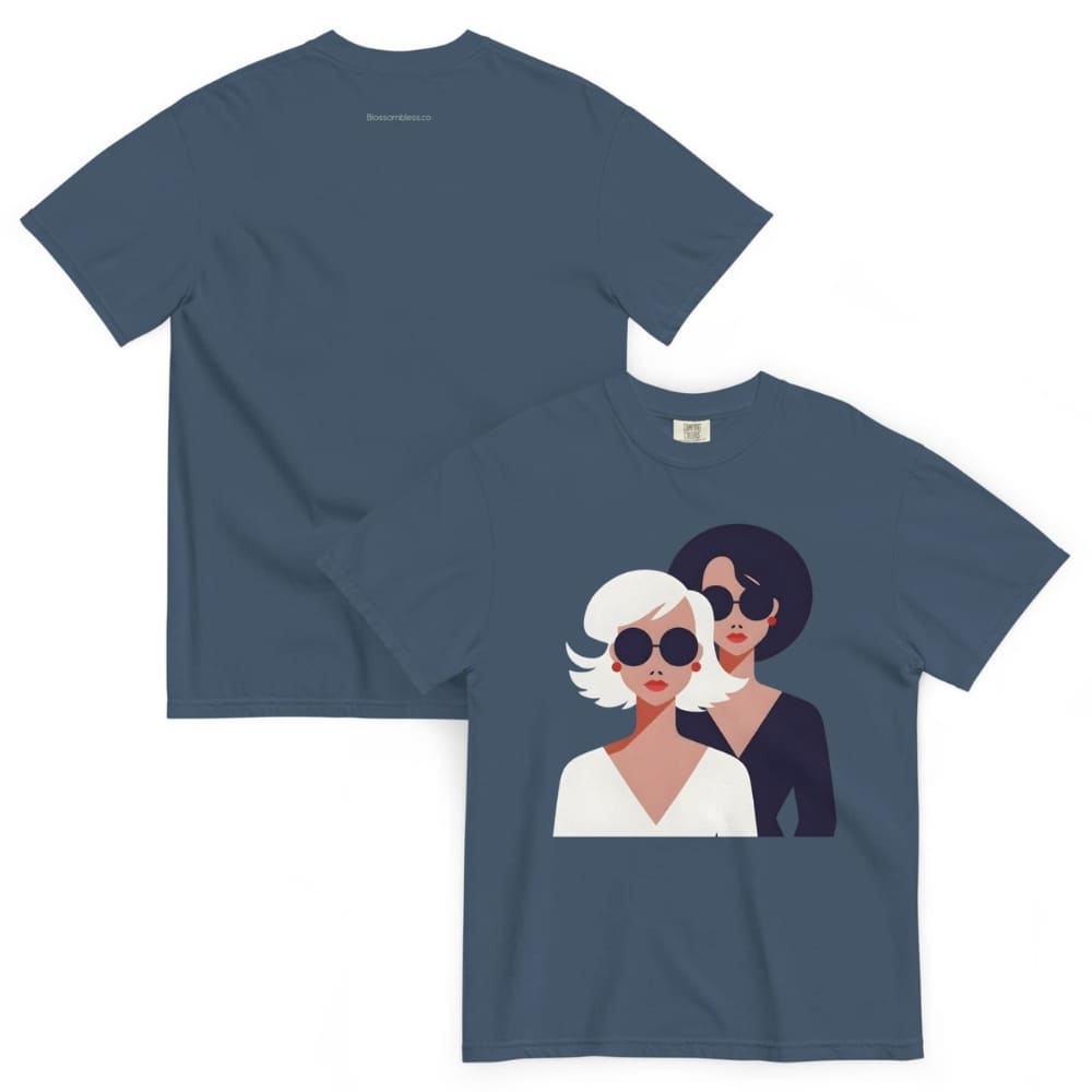 Navy blue t-shirt with a graphic of two women wearing sunglasses on a white background