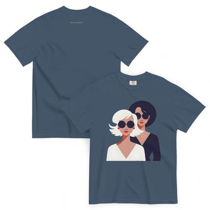 Navy blue t-shirt with a graphic of two women wearing sunglasses on a white background