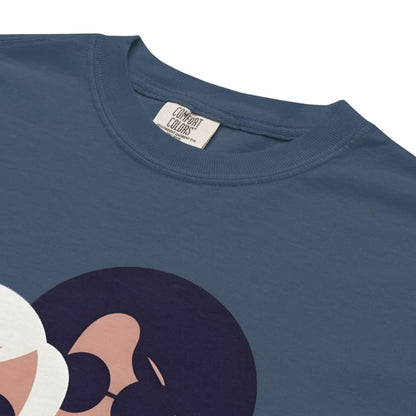 Navy blue t-shirt with a graphic design and 'Comfort Colors' label on a white background