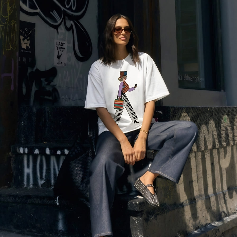 Woman wearing a white t-shirt with a colorful graphic design, sitting against a graffiti-covered wall.