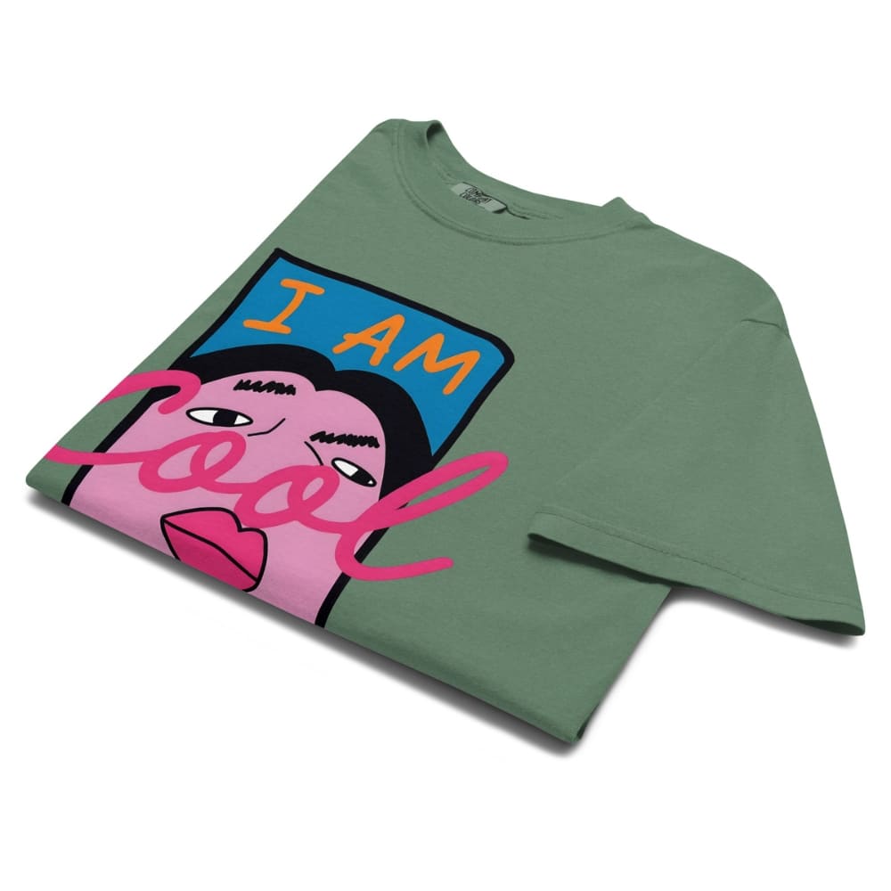 Green t-shirt with colorful graphic design on a white background
