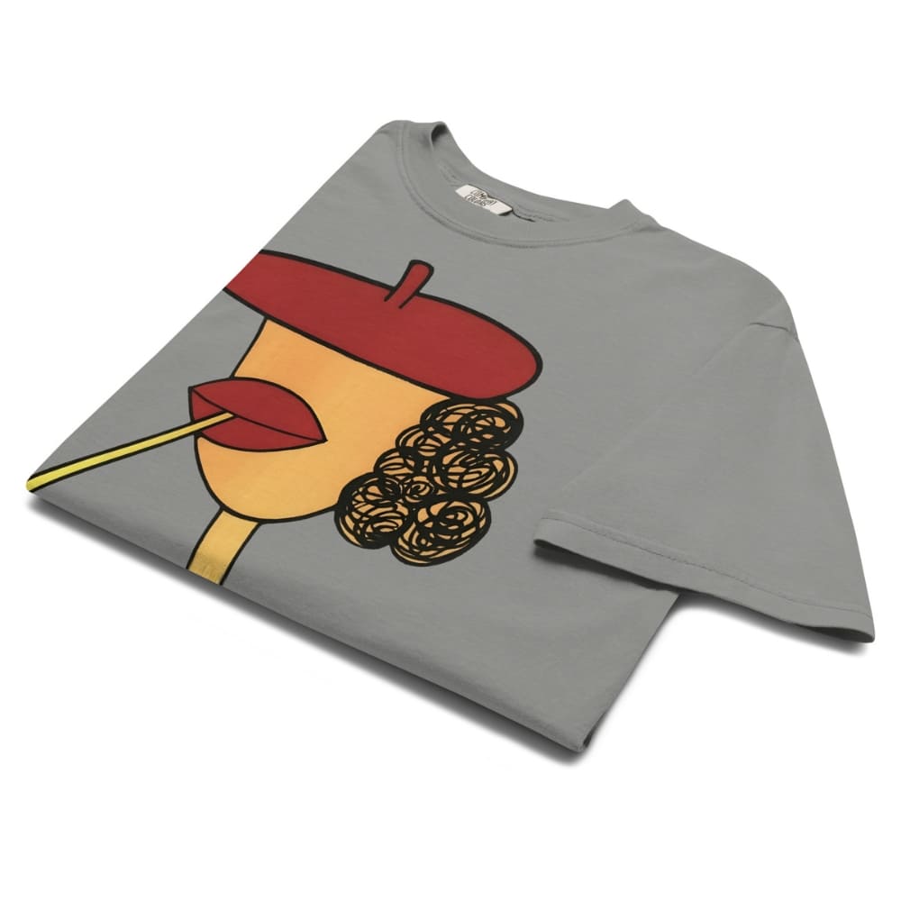 Gray t-shirt with a colorful graphic design on a white background