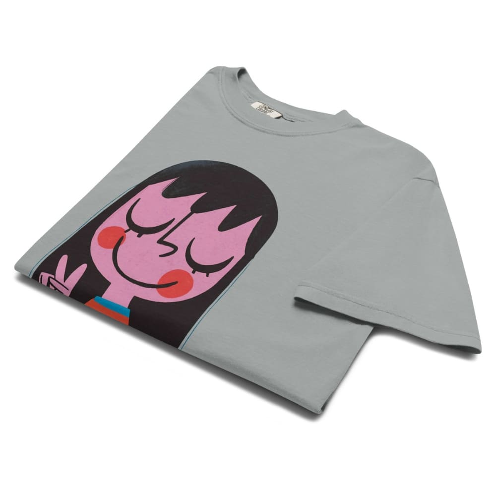 Light gray t-shirt with a colorful graphic design on a white background
