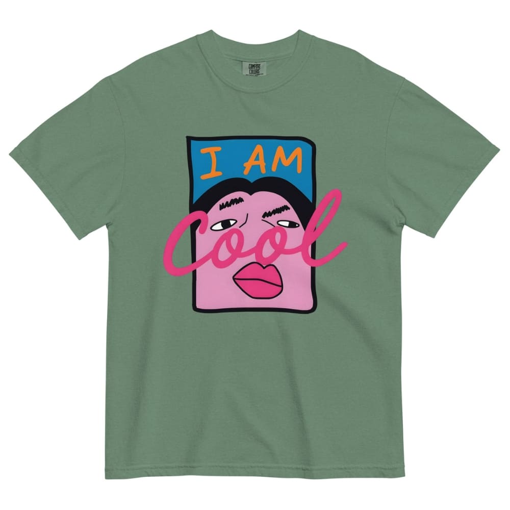 Green t-shirt with a colorful graphic and text 'I AM Cool' on a white background