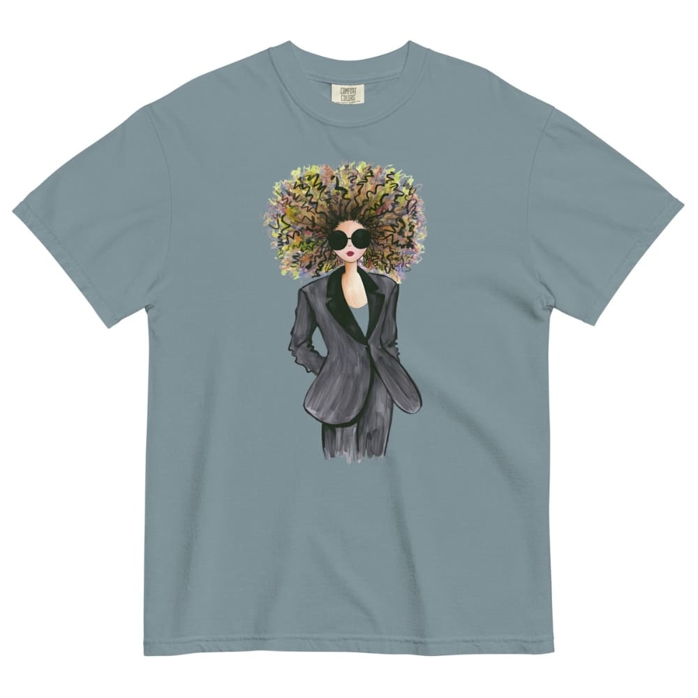 Ice-blue t-shirt with a graphic of a woman with a floral afro and sunglasses on a white background