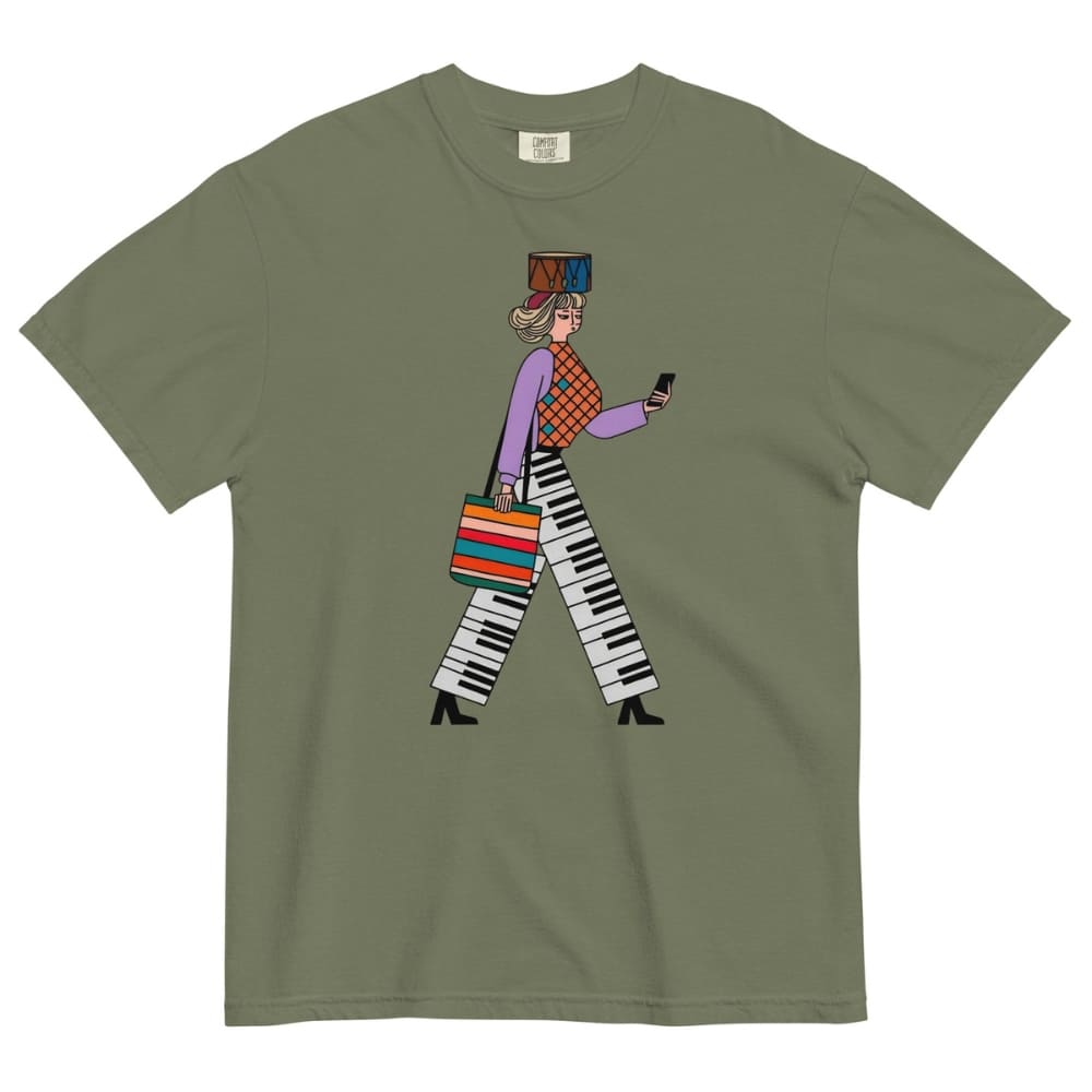 Moss green t-shirt with a colorful graphic of a person walking on a white background